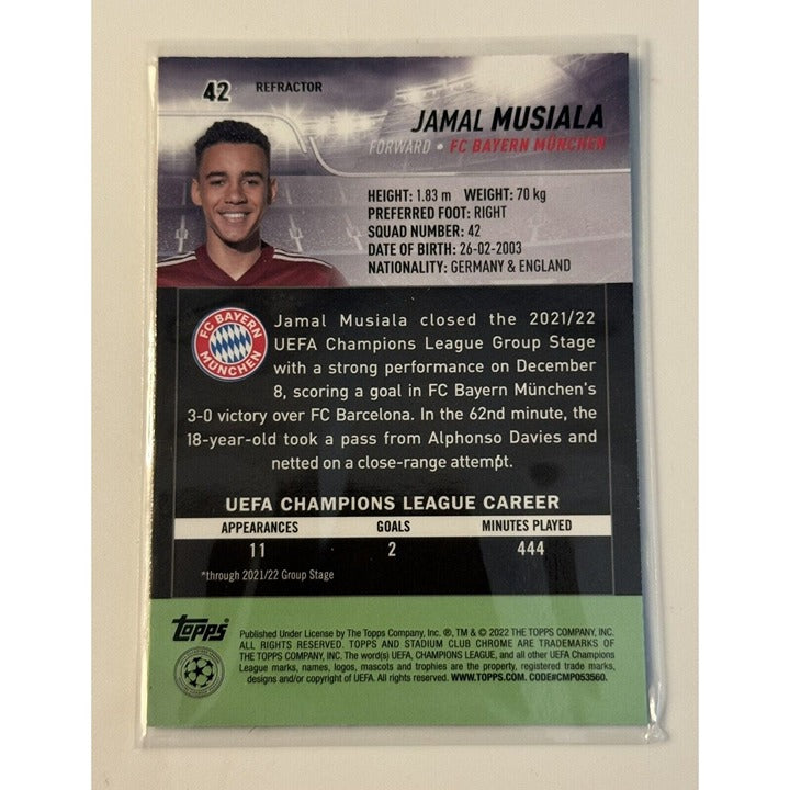 Jamal Musiala 2021-22 Topps UEFA Stadium Club Chrome Prism Refractor soccer trading card #42 Bayern Munich