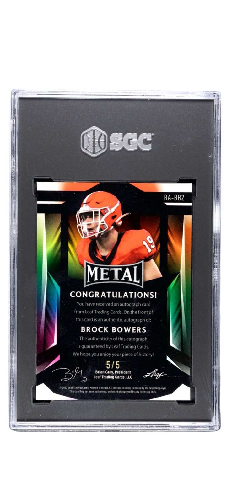 Brock Bowers RC 2023 Leaf Metal Silver auto football card graded 9.5 and 10 by SGC