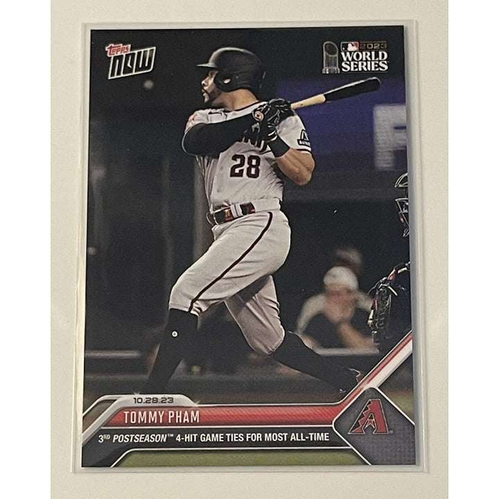 Tommy Pham 2023 MLB Topps Now World Series baseball card with 4-hit postseason game achievement