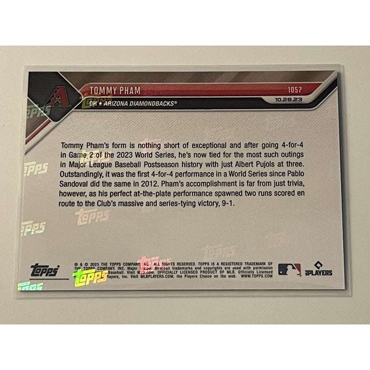 Tommy Pham 2023 MLB Topps Now World Series baseball card with 4-hit postseason game achievement