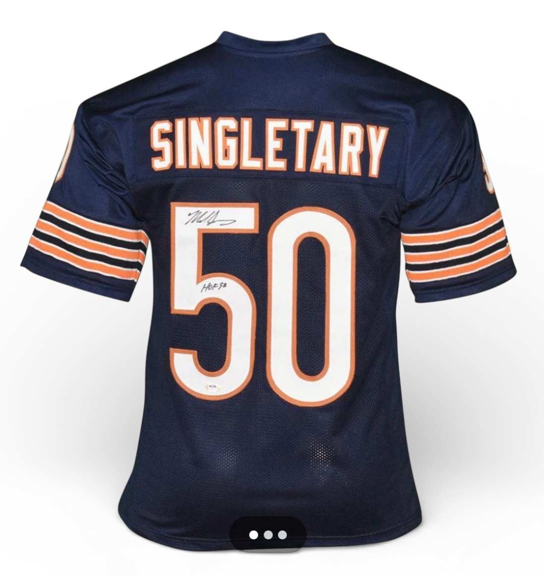 Mike Singletary signed Chicago Bears navy jersey with HOF 98 inscription and JSA authentication