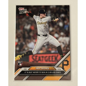 Paul Skenes RC 2024 Topps Now Pittsburgh Pirates rookie baseball card with pitching action and milestone stats
