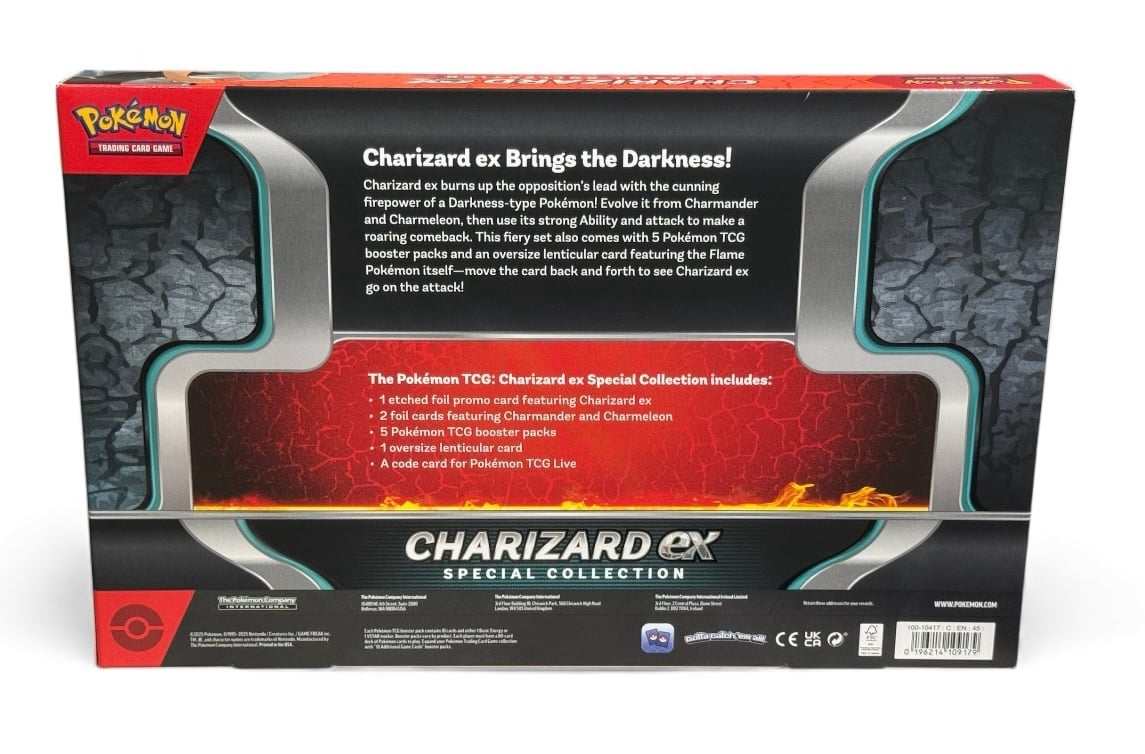 Sealed Pokémon Charizard ex Special Collection Box back view with product details and contents listed