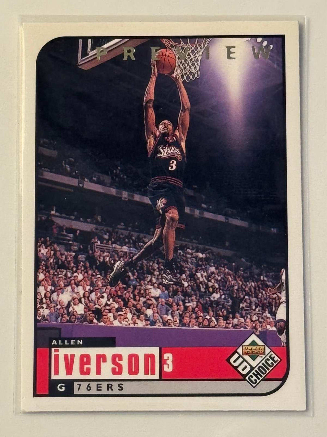Allen Iverson 1998 Upper Deck Choice Allen Iverson 1998 Upper Deck Choice PREVIEW - NBA 76ers Guard Legend Card 105
