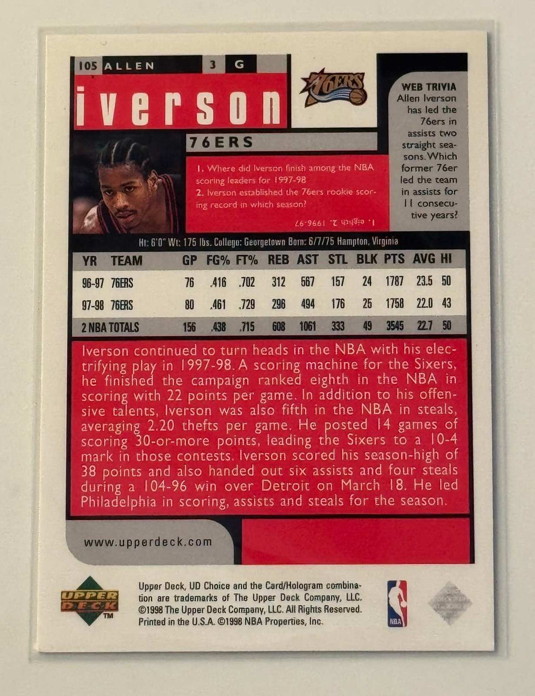 Allen Iverson 1998 Upper Deck Choice Allen Iverson 1998 Upper Deck Choice PREVIEW - NBA 76ers Guard Legend Card 105