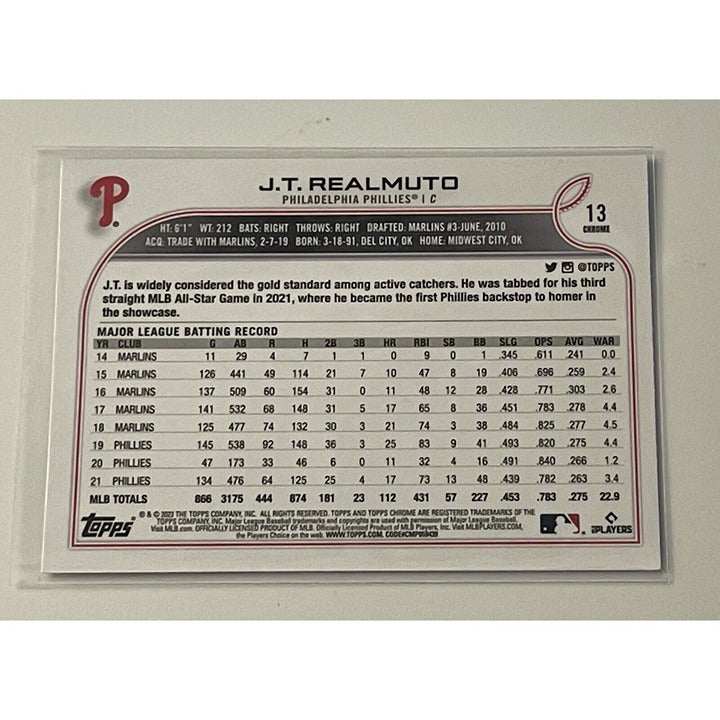 2022 Topps Chrome J.T. Realmuto Philadelphia Phillies baseball card with pink refractor parallel in MLB uniform