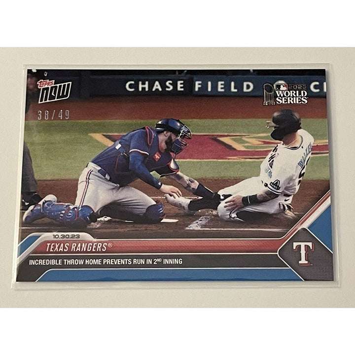 Texas Rangers baseball card 38/49 2023 MLB Topps Now incredible throw home World Series edition