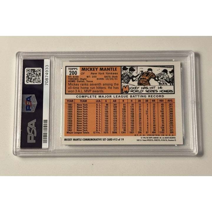 1996 Topps Mantle Reprint 1963 Topps Reprint Series Baseball Card #13 PSA 7 featuring Mickey Mantle in New York Yankees uniform