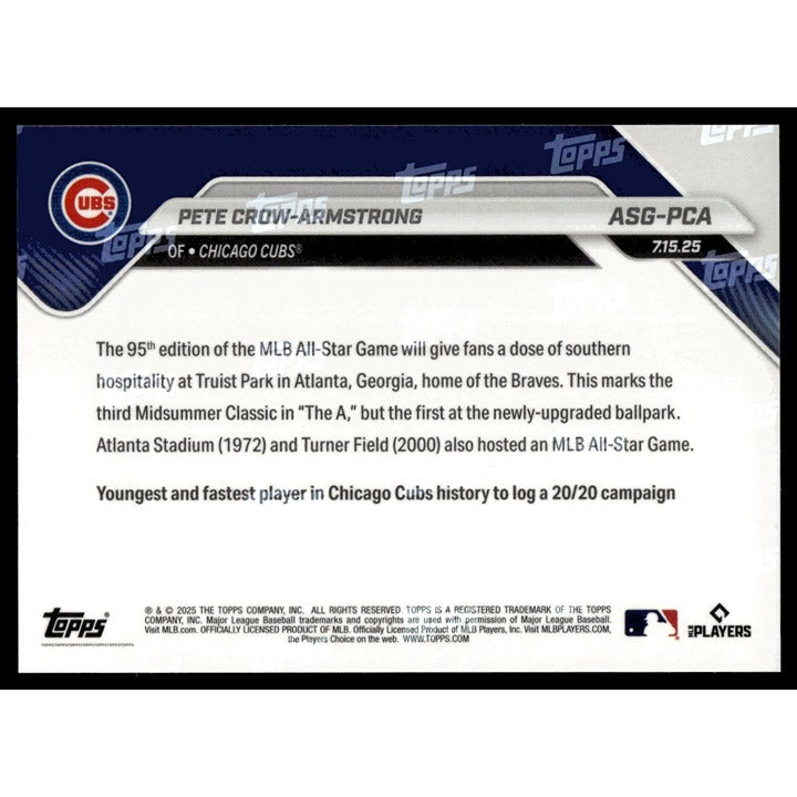 Pete Crow-Armstrong 2025 MLB All-Star Game baseball card back with Chicago Cubs logo and player info
