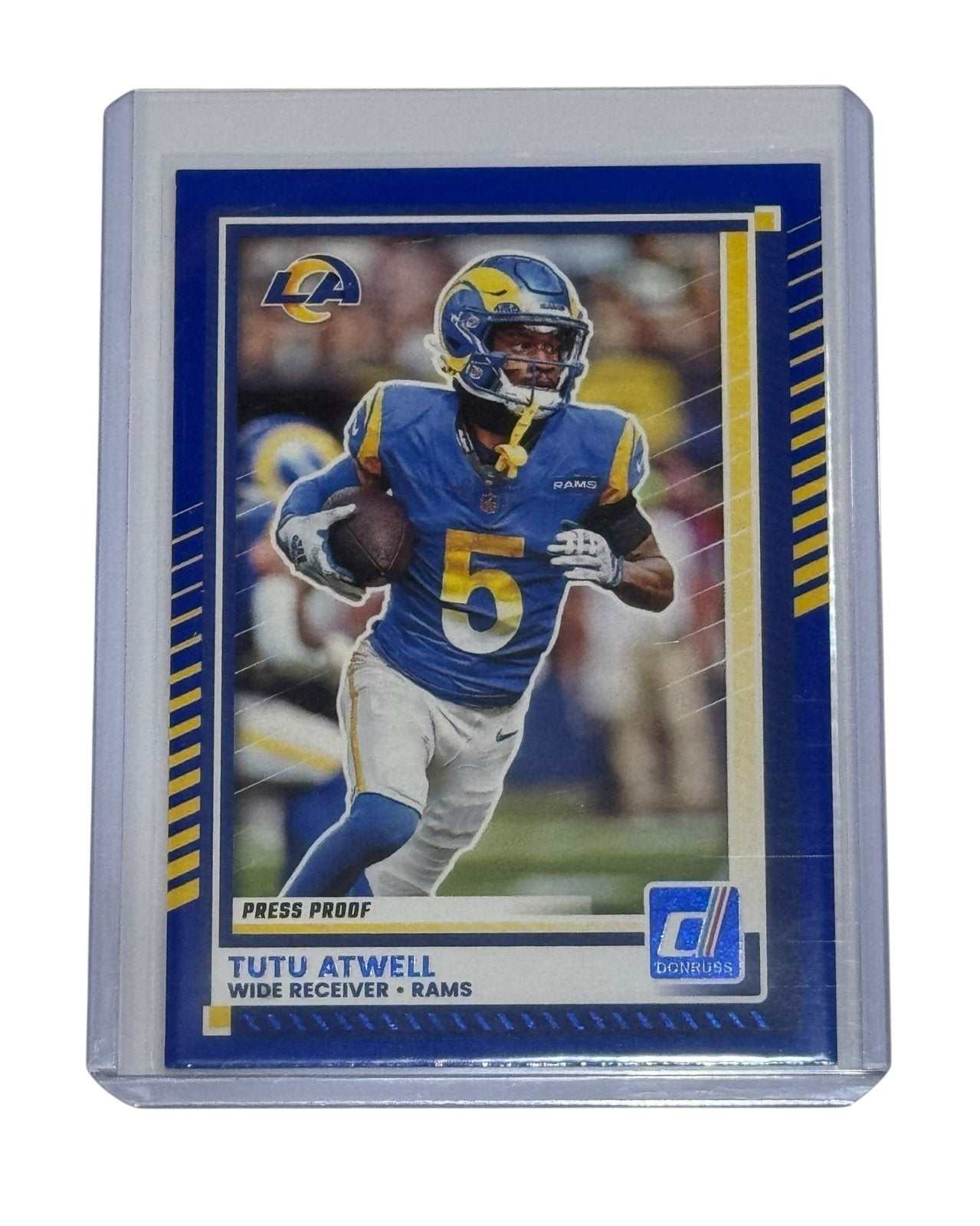 Tutu Atwell Mint 2025 Panini Donruss Press Proof Blue NFL Rams card #192 in protective case