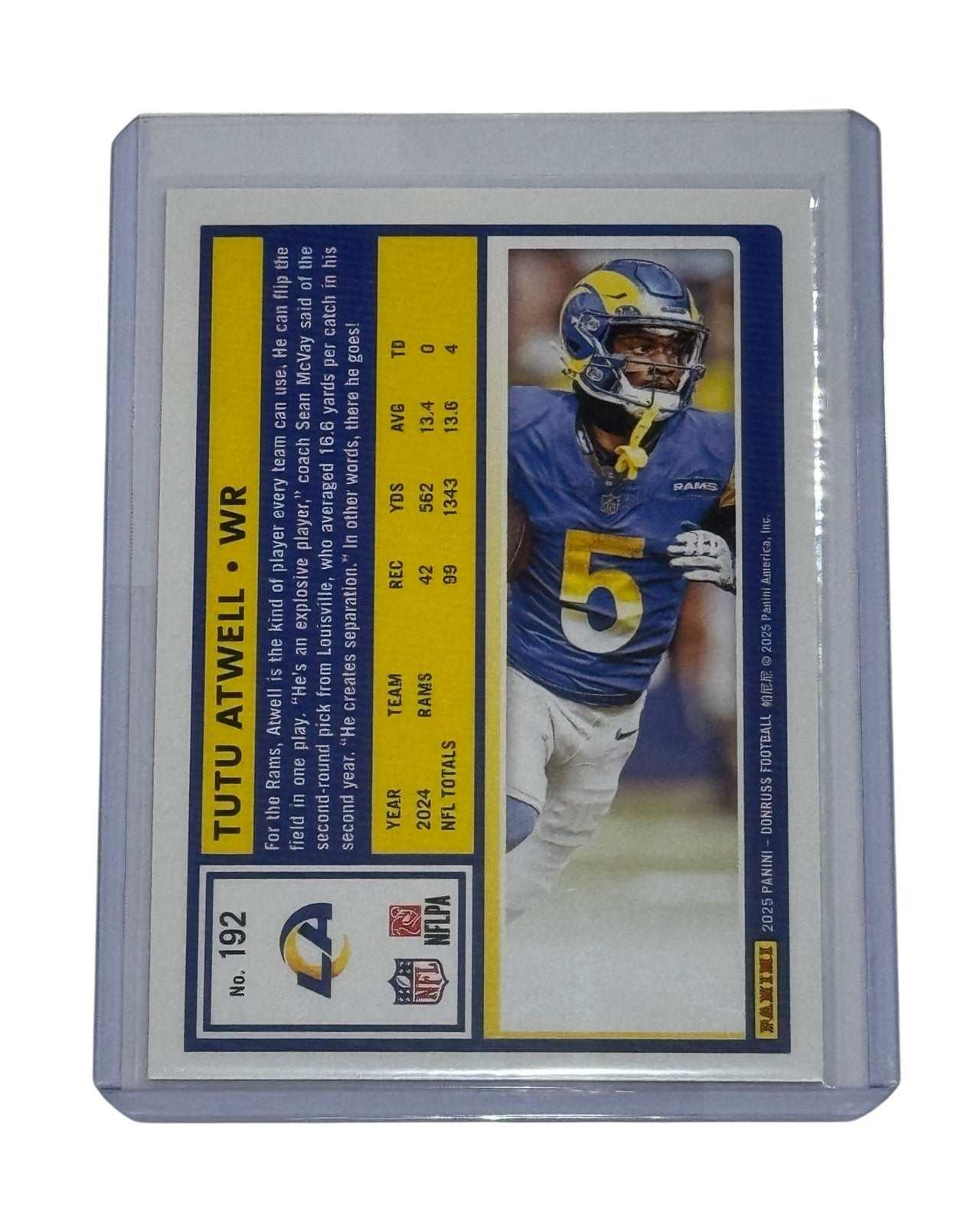 Tutu Atwell Mint 2025 Panini Donruss Press Proof Blue NFL Rams card in protective holder