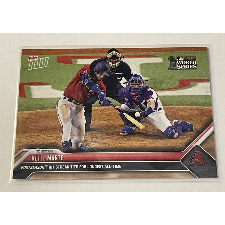 Ketel Marte 2023 Topps Now World Series baseball card commemorating postseason hit streak tie