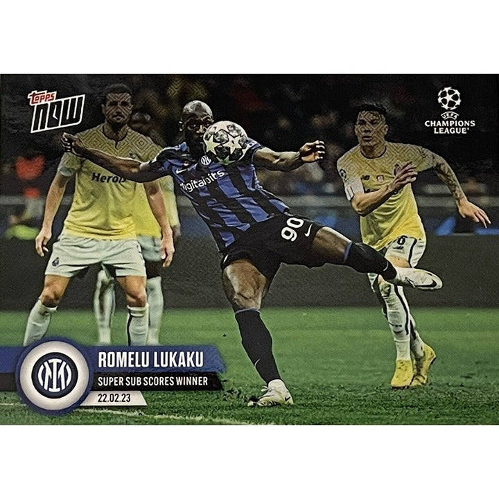 ROMELU LUKAKU 2023 Topps NOW UCL trading card showing Lukaku scoring for FC Milano