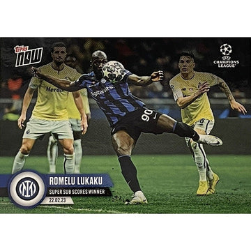 ROMELU LUKAKU 2023 Topps NOW UCL trading card showing Lukaku scoring for FC Milano