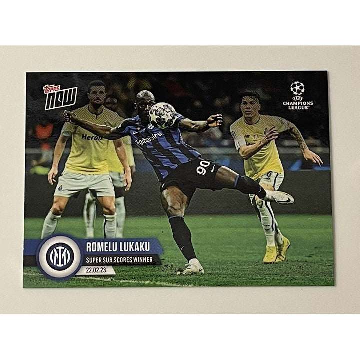ROMELU LUKAKU 2023 Topps NOW UCL soccer card showing Lukaku scoring as FC Milano super sub winner