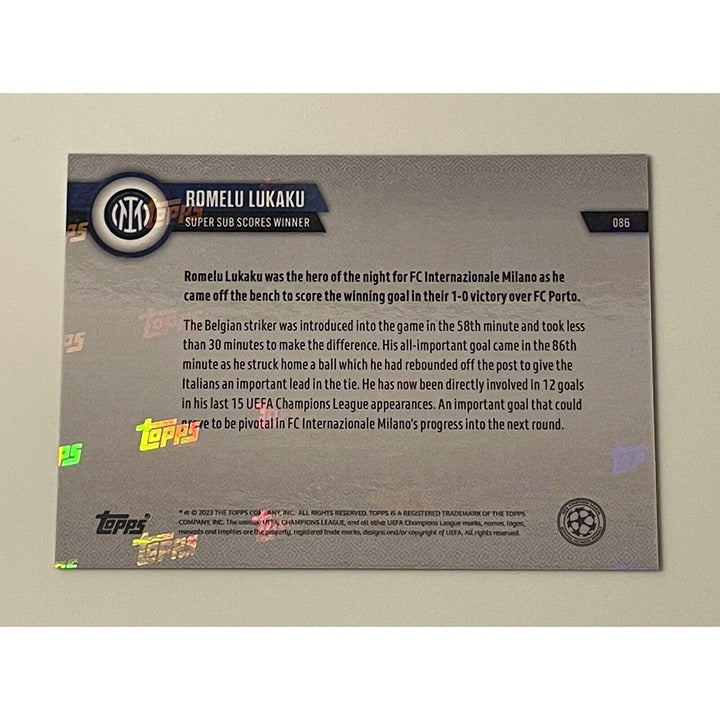ROMELU LUKAKU 2023 Topps NOW UCL Card 086 FC Milano Super Sub Scores Winner back view