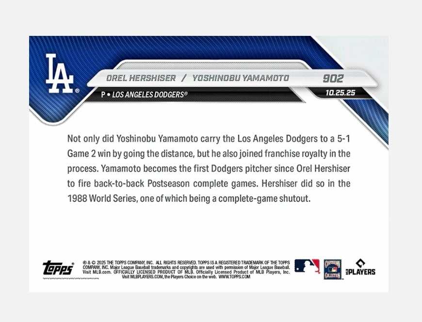 2025 Topps Now Dodgers Orel Hershiser and Yoshinobu Yamamoto postseason baseball card