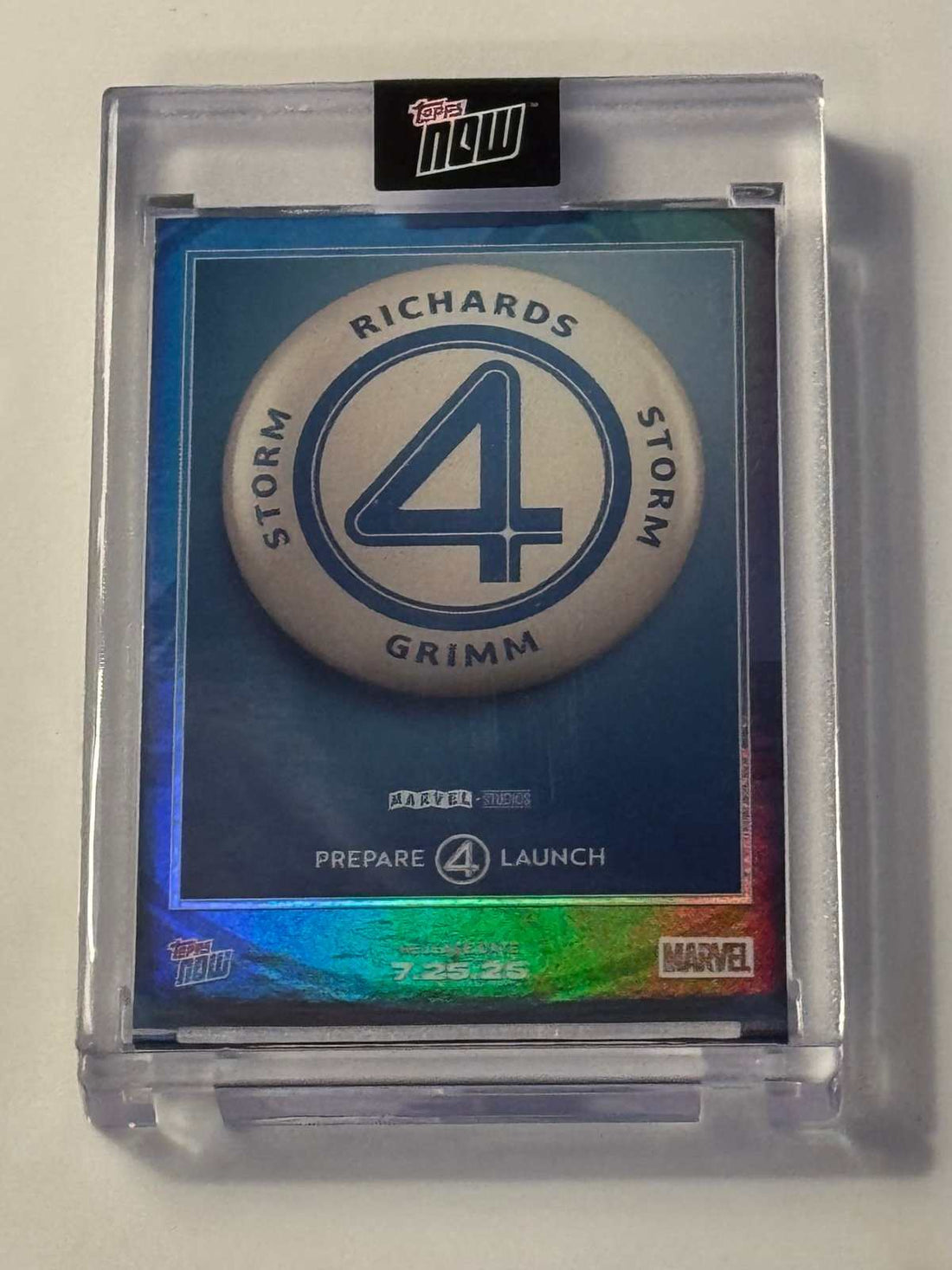 2025 Topps Now Marvel Fantastic Four Prepare 4 Launch collectible card with iconic 4 logo and character names in protective case