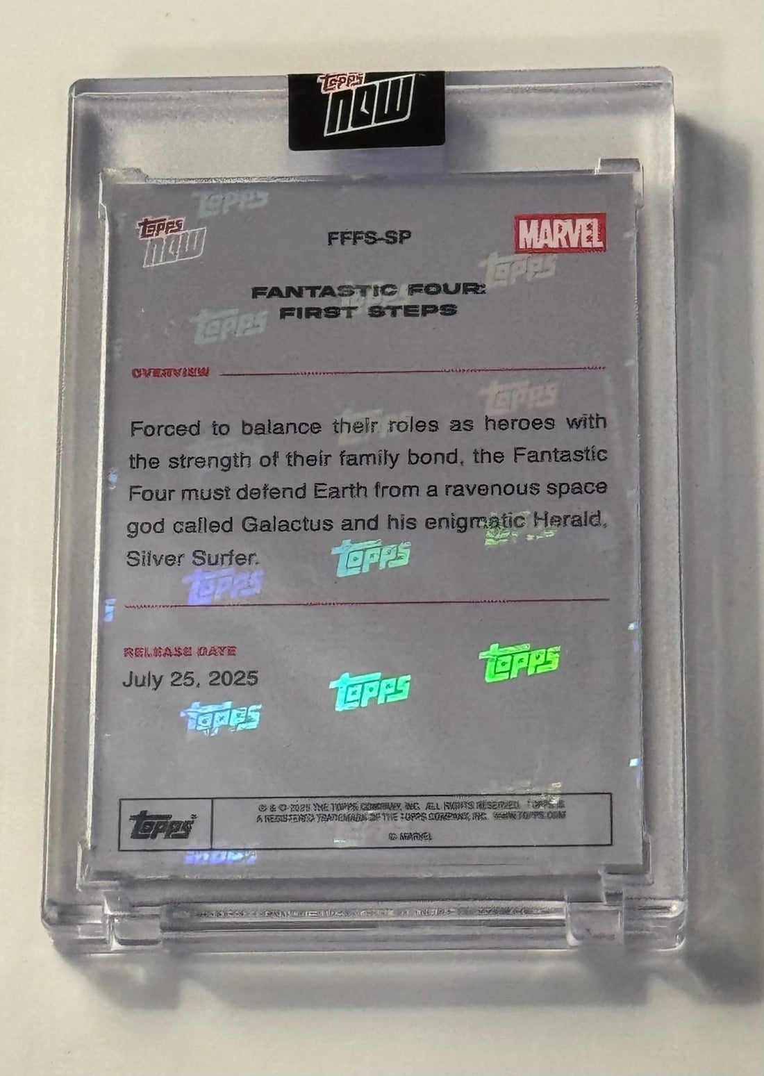 2025 Topps Now Marvel Fantastic Four Prepare 4 Launch collectible card with iconic 4 logo and character names in protective case