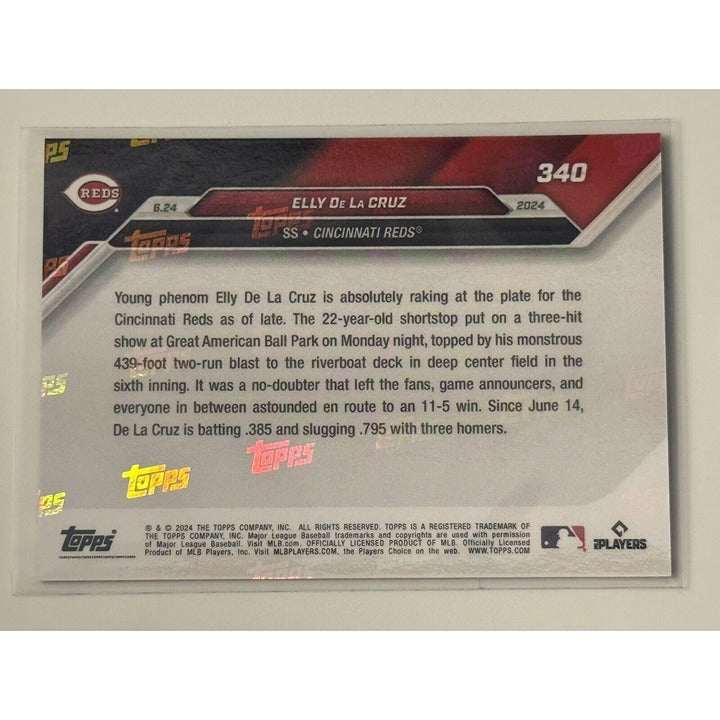 2024 Topps Now Elly De La Cruz Cincinnati Reds rookie baseball card displaying player celebrating homerun in game action