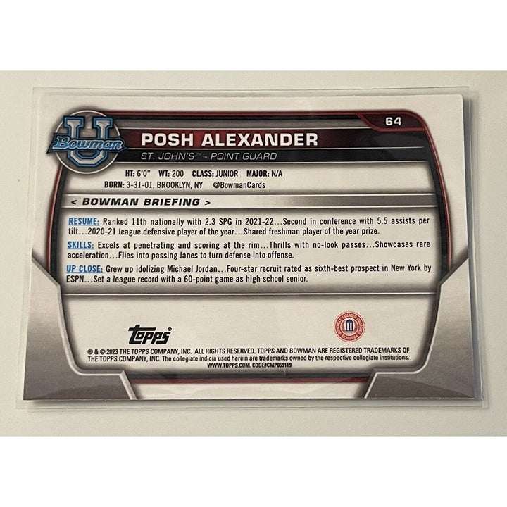2022-23 Bowman University Chrome Posh Alexander rookie basketball card St. John's point guard