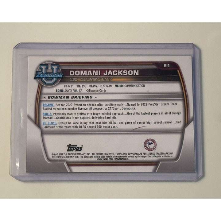 2022 Bowman University Chrome Domani Jackson rookie football card in protective sleeve