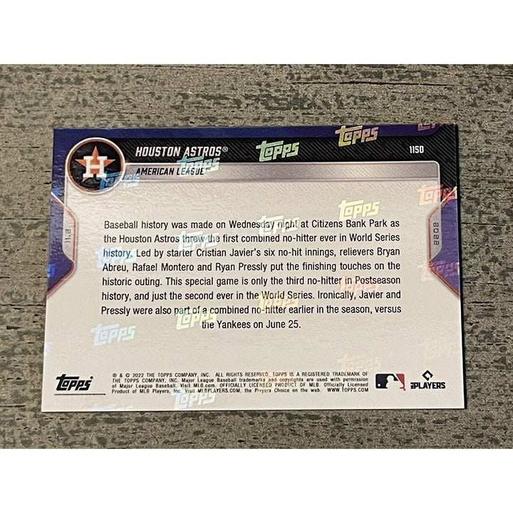 2022 TOPPS NOW Houston Astros World Series combined no hitter card featuring Christian Javier and pitchers
