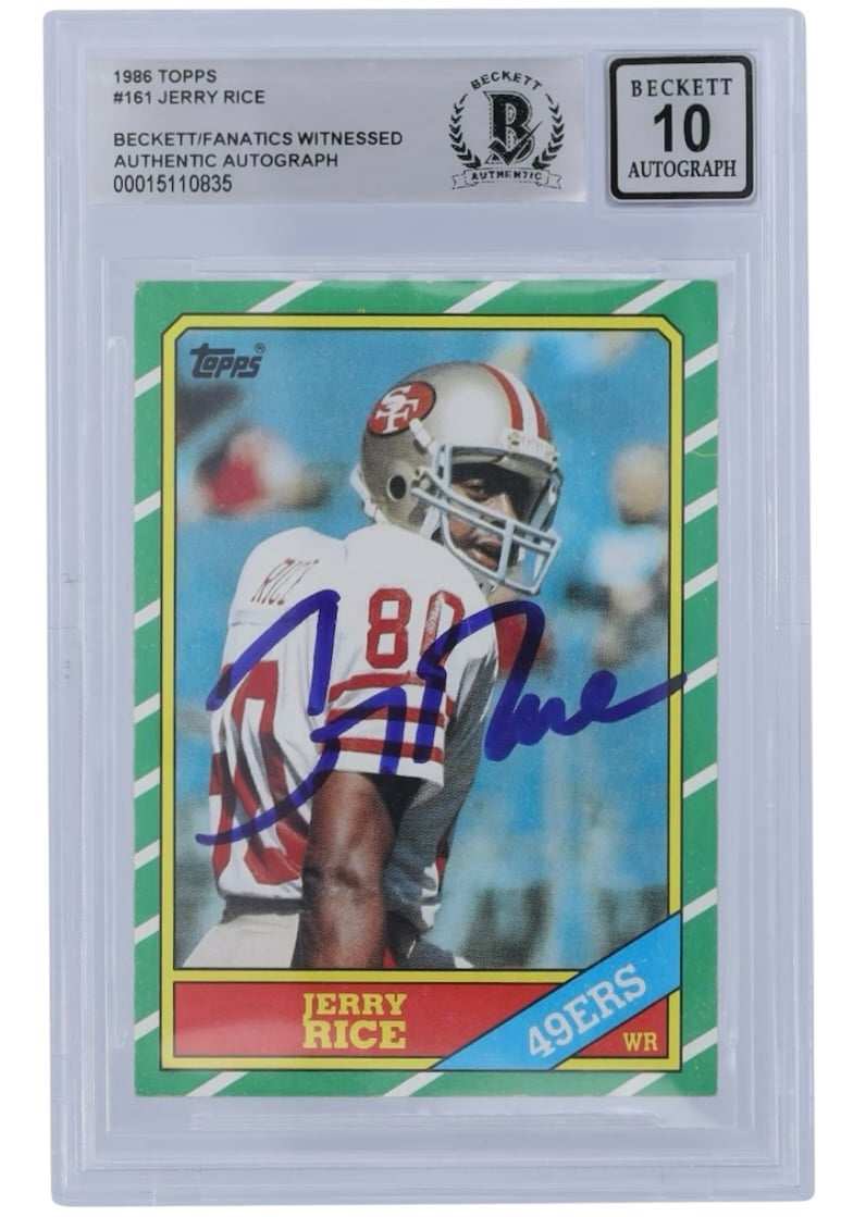 1986 Topps Jerry Rice rookie card signed and authenticated BGS 10 encased NFL collectible