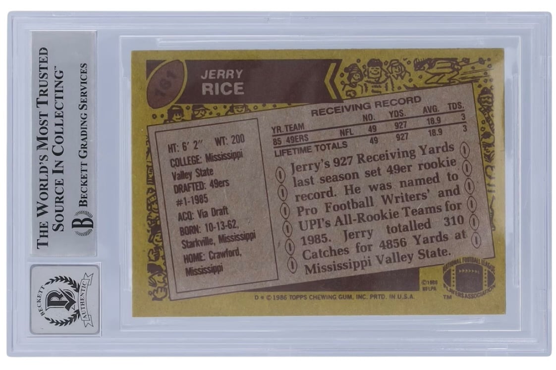 1986 Topps Jerry Rice rookie card autographed with BGS 10 grade authenticated by Beckett