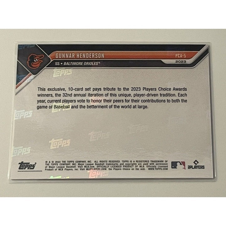 Gunnar Henderson RC 2023 Topps Now MLB Players Choice Awards Orioles baseball card PCA-5 back view