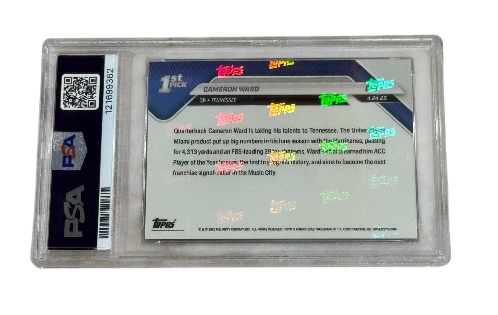 Cameron Ward RC 2025 Topps Now Rookie PSA 9 Miami QB first pick football card back view