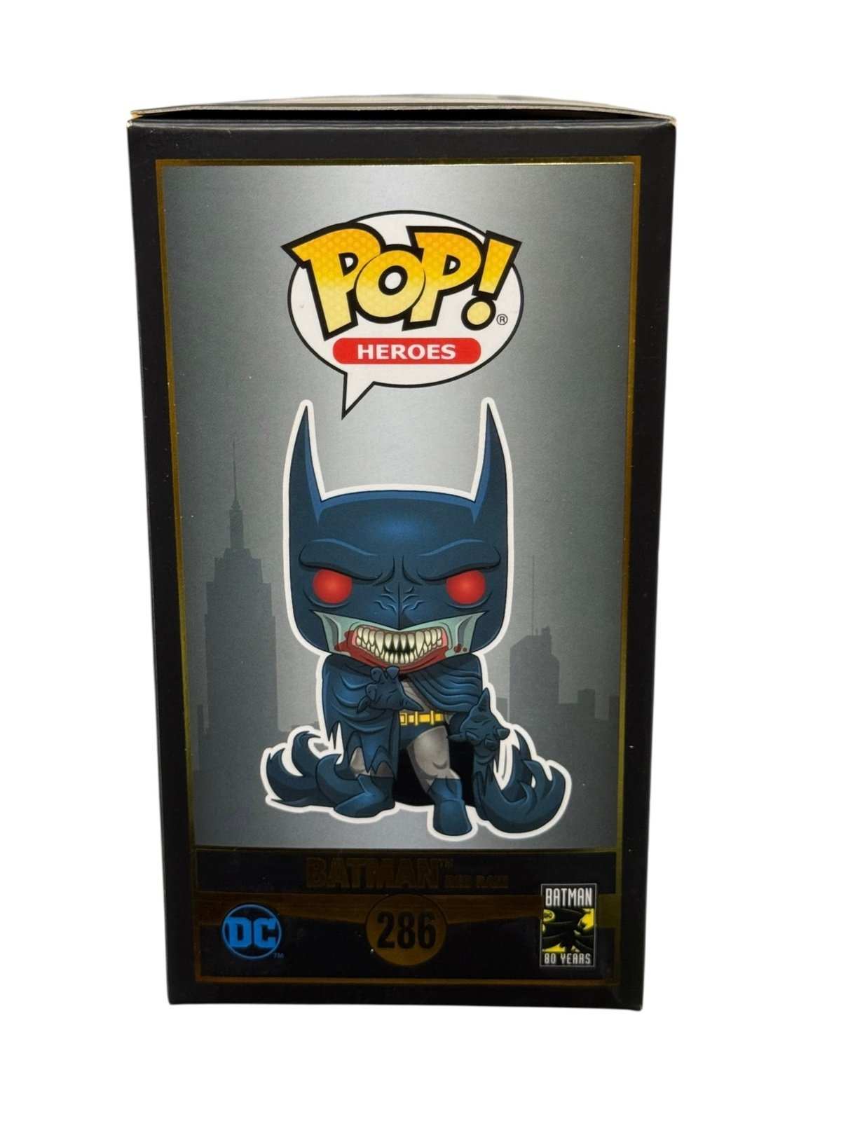 Batman Red Rain Funko Pop 286 collectible figure in original box with horror-style design from DC Heroes 80 Years series
