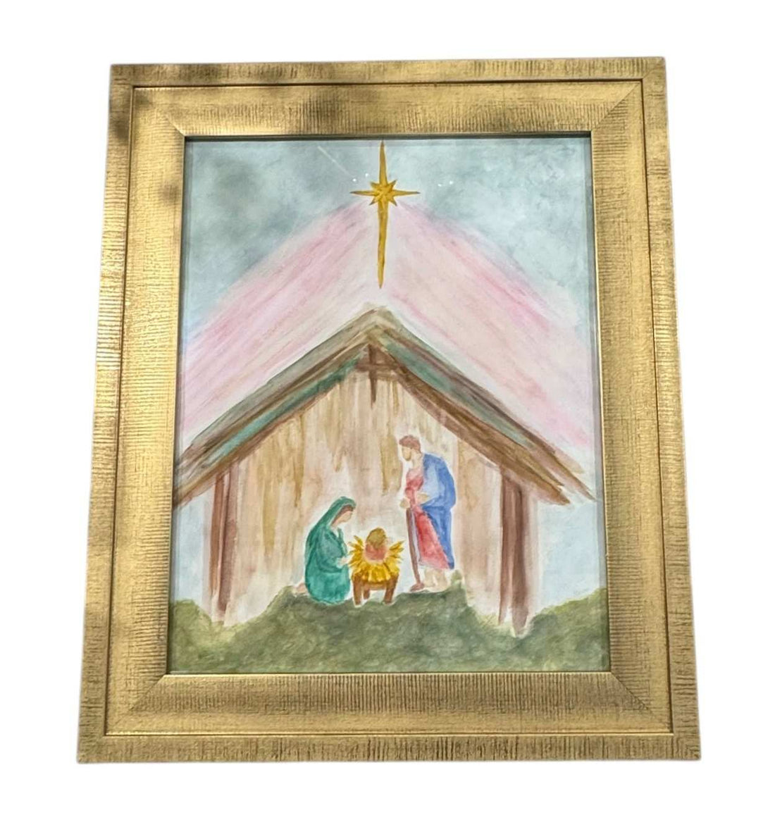 Hand-Painted Nativity Scene Hand-Painted - Nativity Scene Framed 10 X 12 Watercolor Gold Star Christmas Art