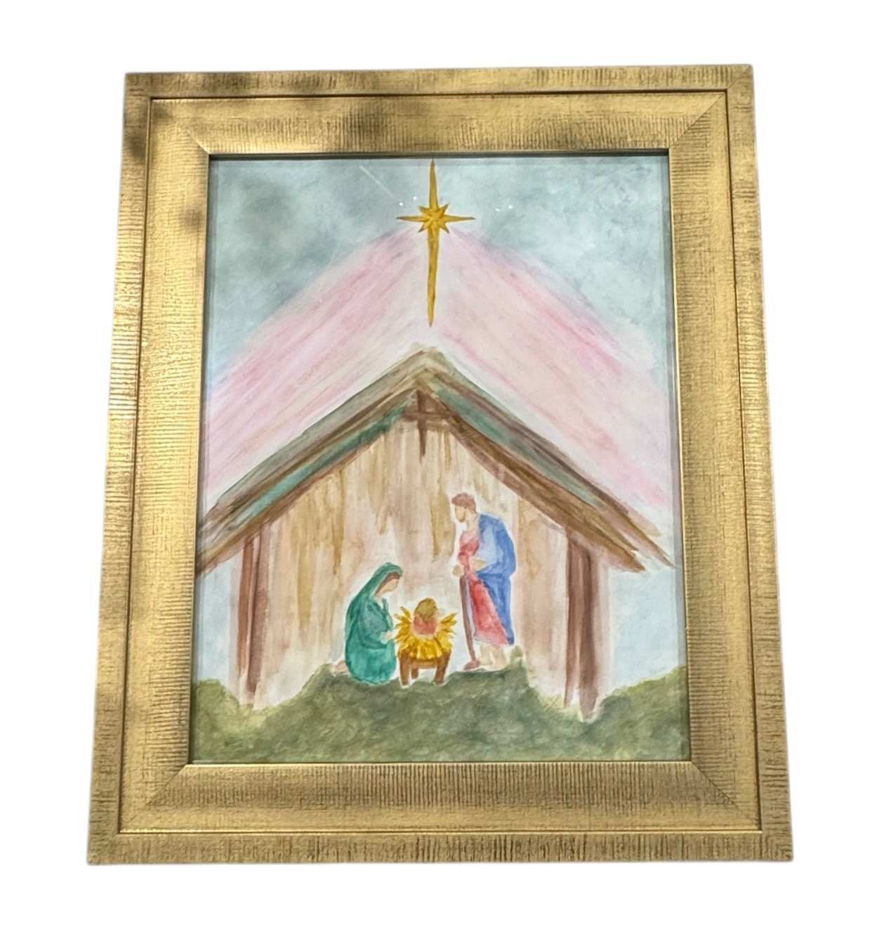 Hand-painted watercolor nativity scene with Mary, Joseph, and Baby Jesus in gold framed 10x12 Christmas art