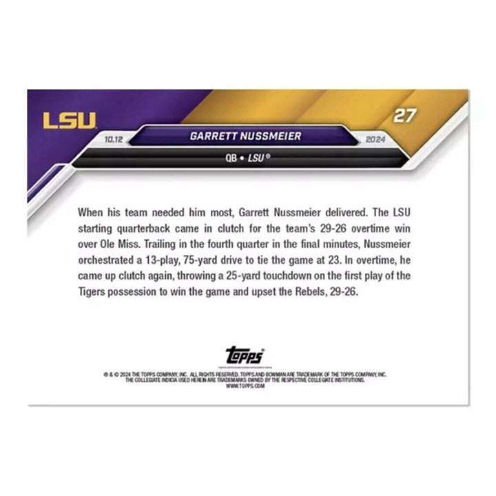 Garrett Nussmeier RC LSU Tigers 2024 Bowman football rookie card with quarterback action image