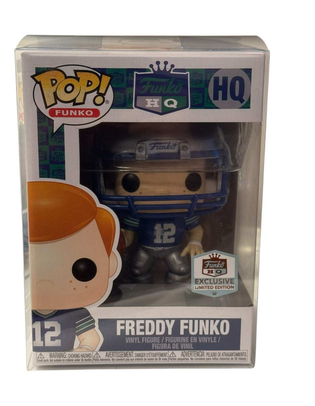 Freddy Funko HQ Exclusive Football 12 vinyl figure in collector's box with football gear and HQ branding