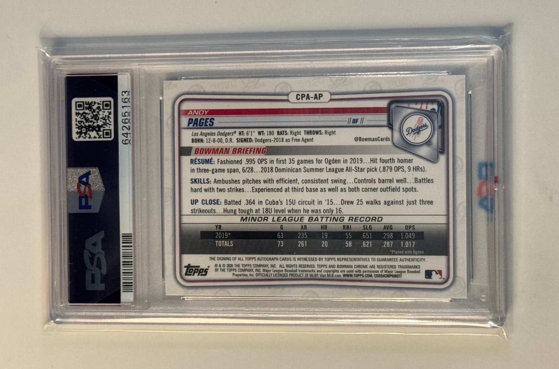 2020 Bowman Chrome Andy Pages Prospect RC Auto PSA 10 Dodgers baseball card