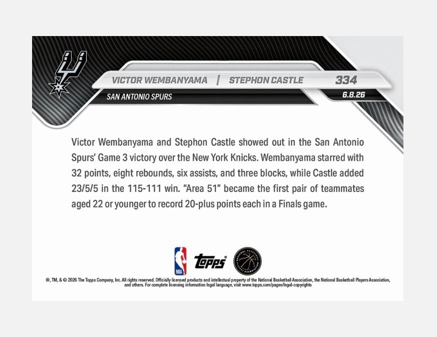 Victor Wembanyama Stephon Castle 2026 Topps NOW #334 Finals 8070 PR