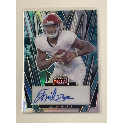 1/5 Jalen Milroe RC Auto 2024 Leaf Metal Red Wave Alabama football card with autograph