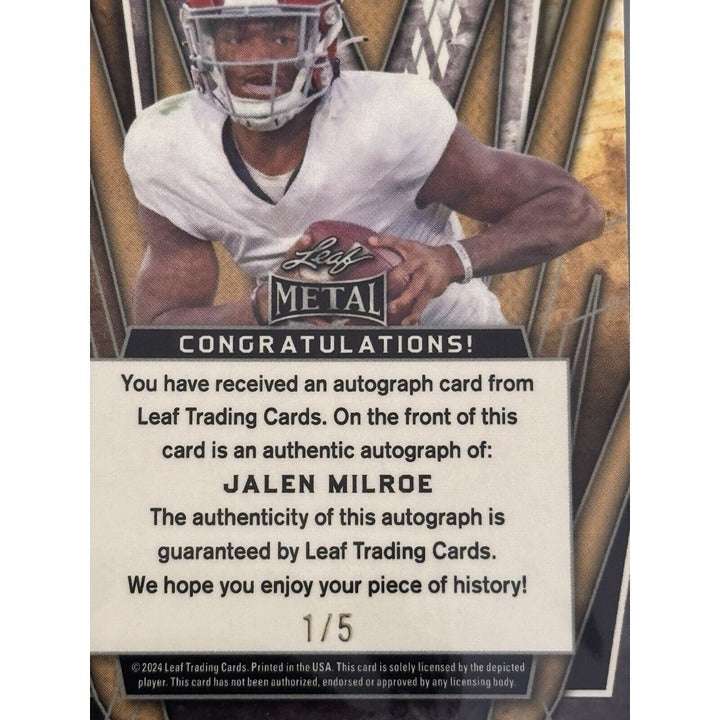 1/5 Jalen Milroe RC Auto 2024 Leaf Metal Football Red Wave Alabama rookie card with autograph
