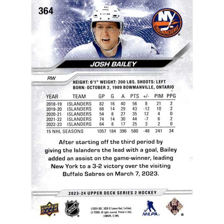 2023-24 NHL trading card of Josh Bailey in New York Rangers uniform, Upper Deck Series 2 Update, card #364
