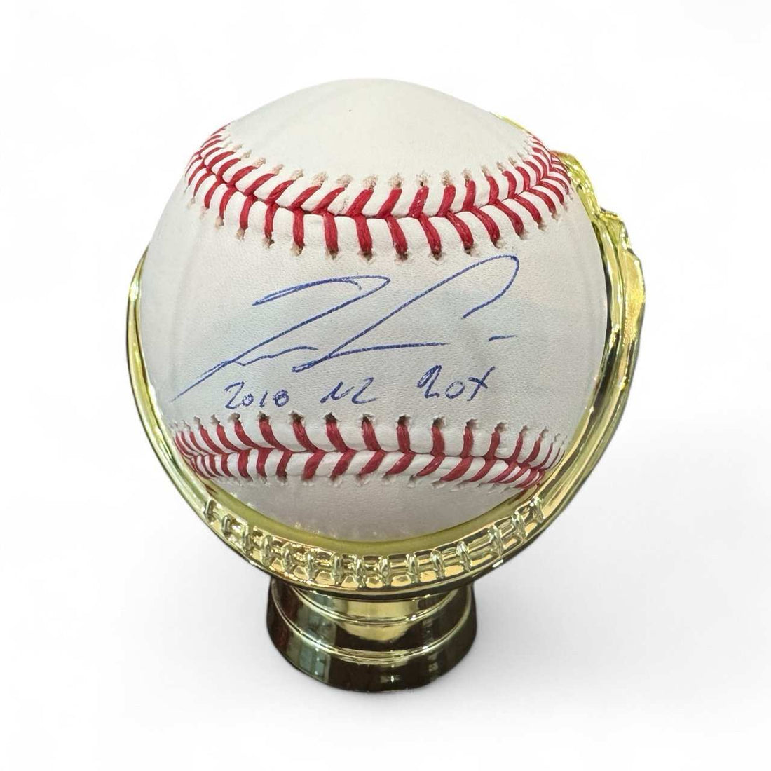 Ronald Acuña Jr signed baseball with 2018 NL ROY inscription on gold display stand
