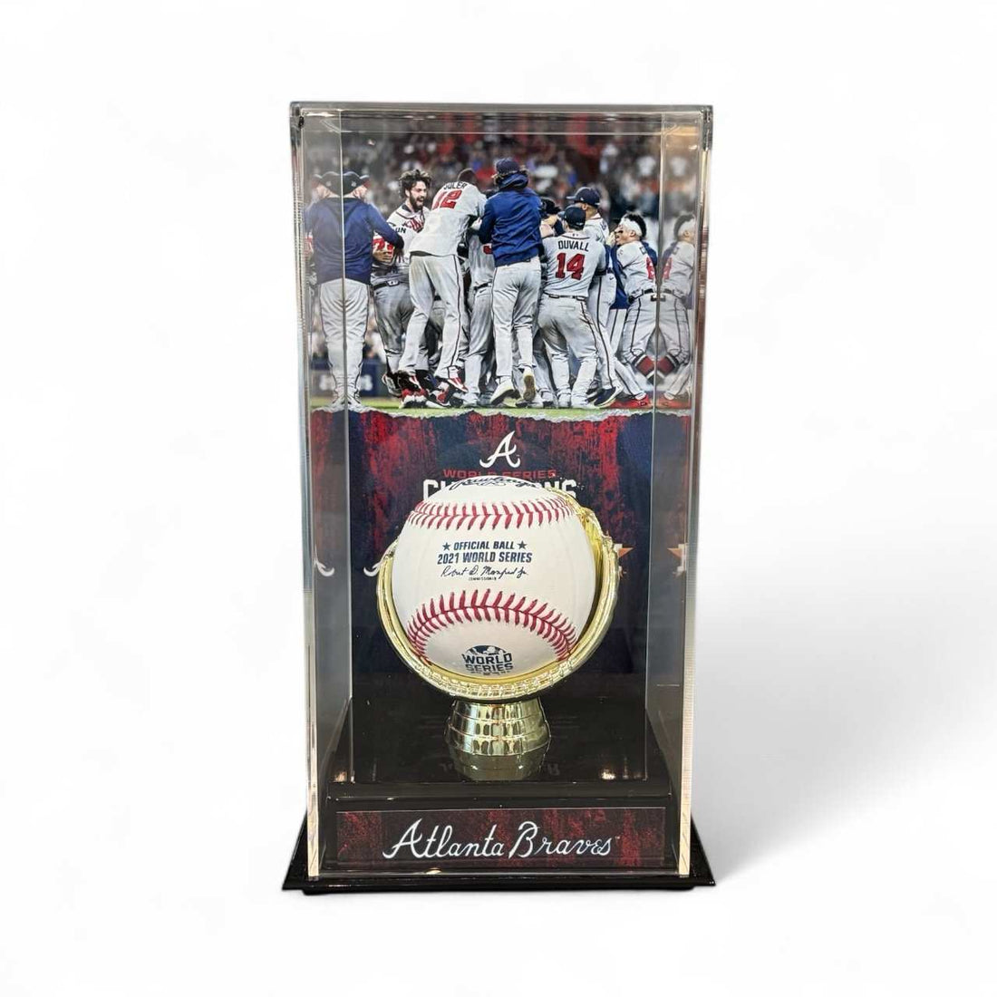 Ronald Acuña Jr signed baseball with 2018 NL ROY inscription on gold display stand