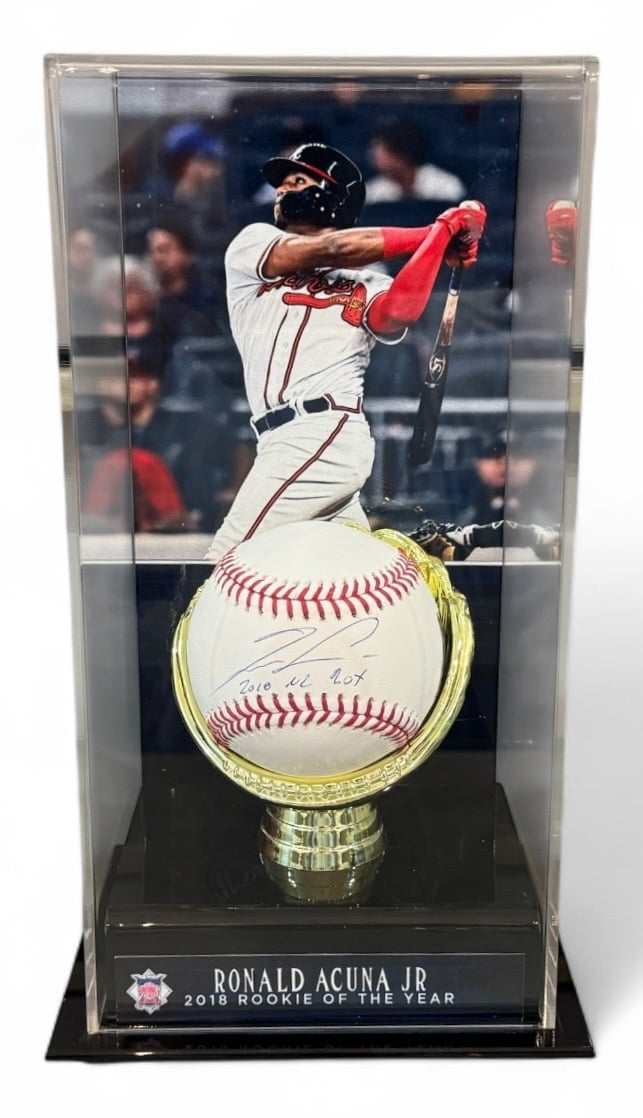 Ronald Acuña Jr signed 2018 NL ROY baseball with display case and photo