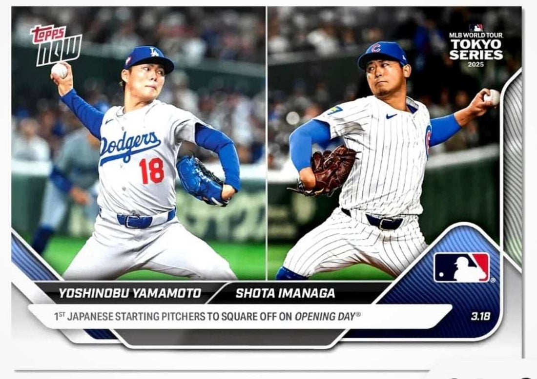 2025 Topps Now MLB Tokyo Series card featuring pitchers Yoshinobu Yamamoto and Shota Imanaga on Opening Day