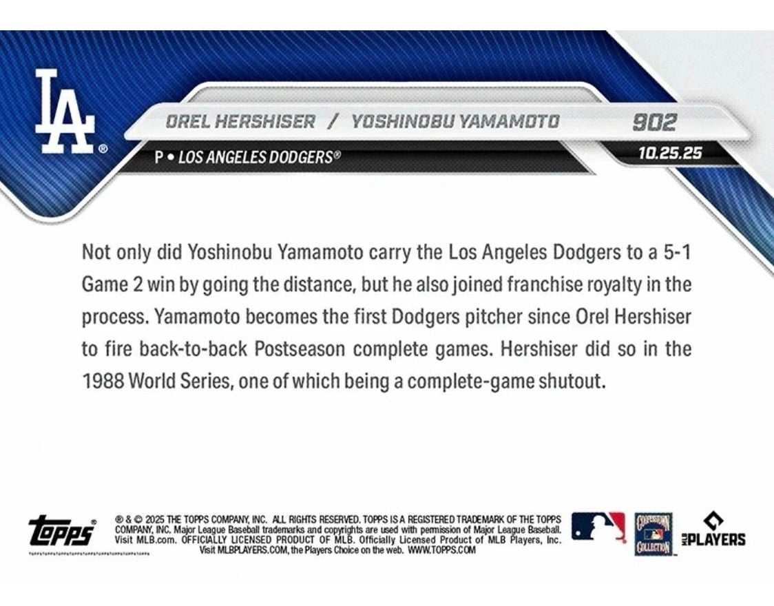 2025 Topps Now Tokyo Series baseball card featuring Yoshinobu Yamamoto and Los Angeles Dodgers details
