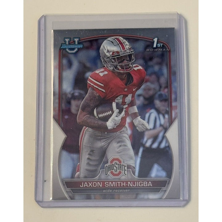 Jaxon Smith-Njigba RC 2022 Bowman Chrome Ohio State football trading card in protective sleeve