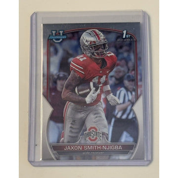Jaxon Smith-Njigba RC 2022 Bowman Chrome Ohio State football trading card in protective sleeve