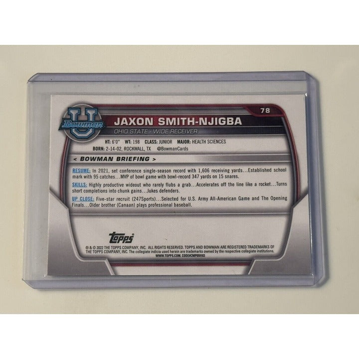 Jaxon Smith-Njigba RC 2022 Bowman Chrome University card back Ohio State Seattle football collectible