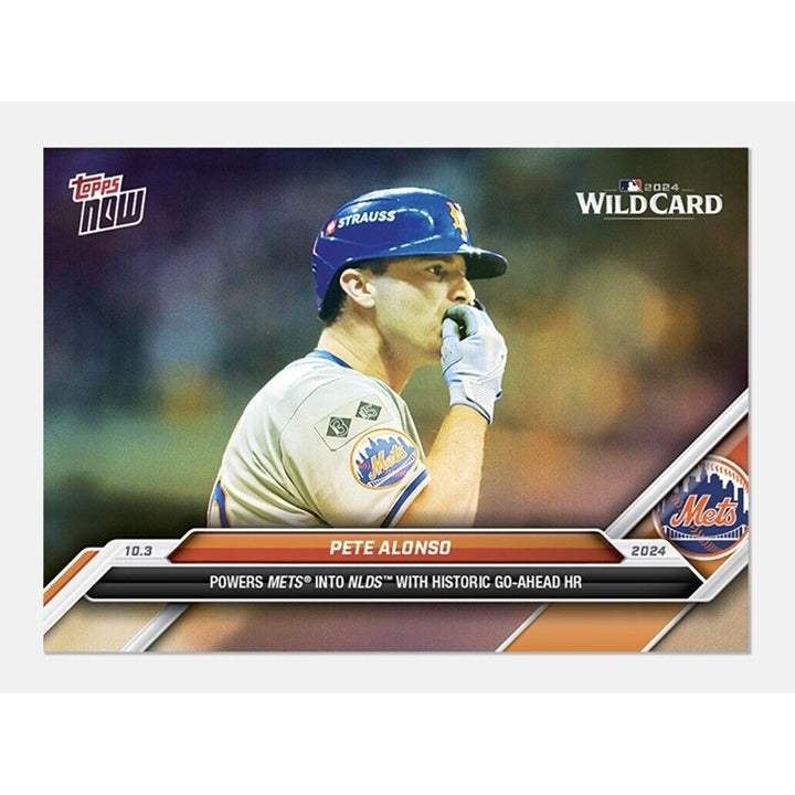 Pete Alonso Wildcard 2024 Topps Now MLB trading card celebrating game-winning 3-run home run